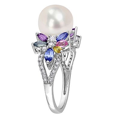 Stella Grace 14k White Gold Freshwater Cultured Pearl, Multicolor Sapphire & 1/8 Carat T.W. Diamond Flower Ring