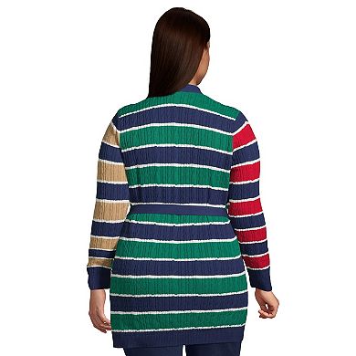 Plus Size Lands' End Striped Fine Gauge Cotton Cable Knot Front Cardigan Sweater