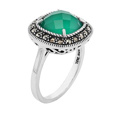 Lavish by TJM Sterling Silver Cushion Green Agate & Marcasite Ring
