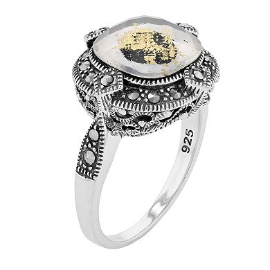 Lavish by TJM Sterling Silver Crystal Gold Leaf Black Onyx Doublet & Marcasite Cushion Ring