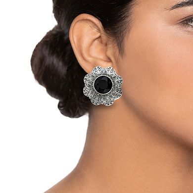 Lavish by TJM Sterling Silver Onyx & Marcasite Floral Stud Earrings