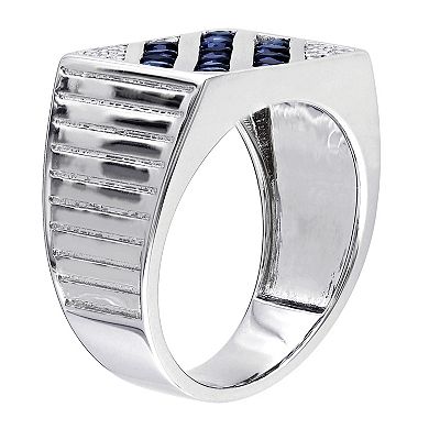 Stella Grace Men's Sterling Silver Blue & White Sapphire Square Ring