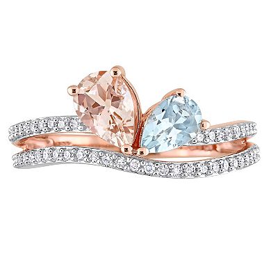 Stella Grace 10k Rose Gold Morganite, Aquamarine & 1/4 Carat T.W. Diamond 2-Stone Open Ring