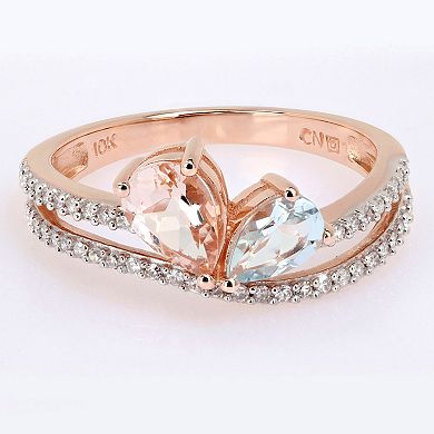 Stella Grace 10k Rose Gold Morganite, Aquamarine & 1/4 Carat T.W. Diamond 2-Stone Open Ring