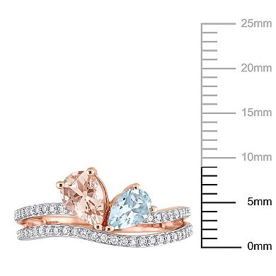 Stella Grace 10k Rose Gold Morganite, Aquamarine & 1/4 Carat T.W. Diamond 2-Stone Open Ring