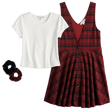Girls 4-16 Knit Works Button Front Jumper Dress, Short Sleeve Top & Scrunchies Set in Regular & Plus Sizes