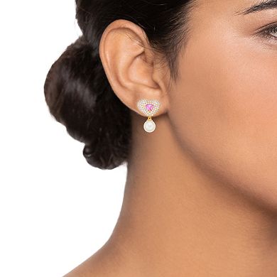 14k Gold Over Silver Cubic Zirconia & Cultured Pearl Heart Drop Earrings