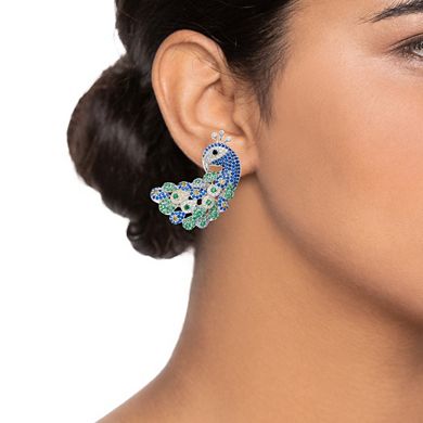 Sterling Silver Blue & Green Cubic Zirconia Peacock Drop Earrings