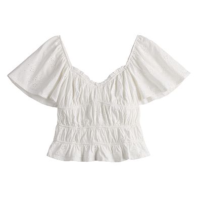 Juniors' SO® Eyelet Flutter Sleeve Smocked Top