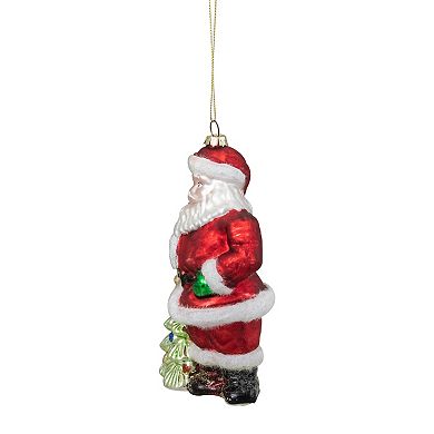 Northlight 5.5" Classic Red Santa with Tree Hanging Glass Christmas Ornament