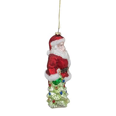 Northlight 5.5" Classic Red Santa with Tree Hanging Glass Christmas Ornament