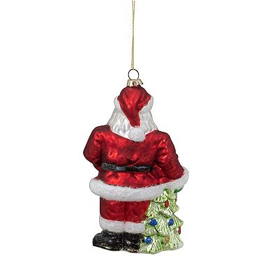 Northlight 5.5" Classic Red Santa with Tree Hanging Glass Christmas Ornament