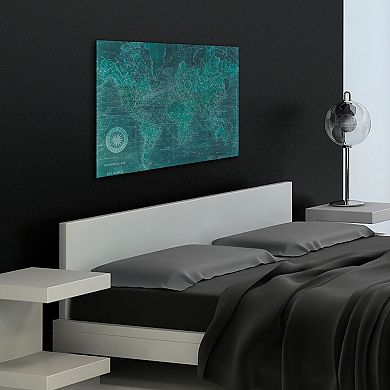 Azure World Map Frameless Free Floating Tempered Glass Panel Graphic Wall Art