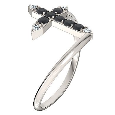 Sterling Silver Black Onyx & Diamond Cross Bypass Ring