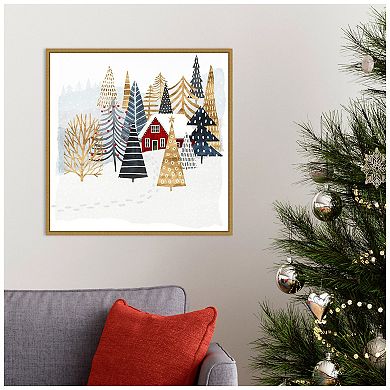 Amanti Art Christmas Chalet I Tree Framed Canvas Wall Art