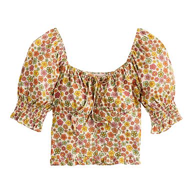 Juniors' SO® Cropped Tie-Front Puff Top
