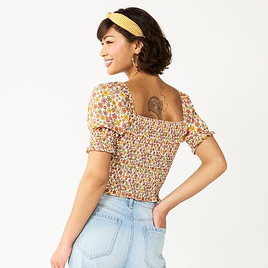 Juniors' SO® Cropped Tie-Front Puff Top