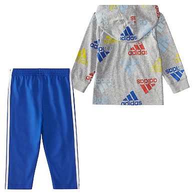 Baby Boy adidas Allover Badge of Sport Print Cotton Hooded Tee & 3-Stripe Pants Set