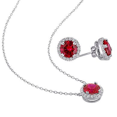 Stella Grace Sterling Silver Lab-Created Ruby & Lab-Created White Sapphire Halo Earring & Pendant Necklace Set