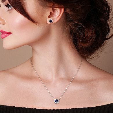 Stella Grace Sterling Silver Lab-Created Blue & White Sapphire Halo Earring & Pendant Necklace Set