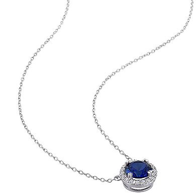 Stella Grace Sterling Silver Lab-Created Blue & White Sapphire Halo Necklace
