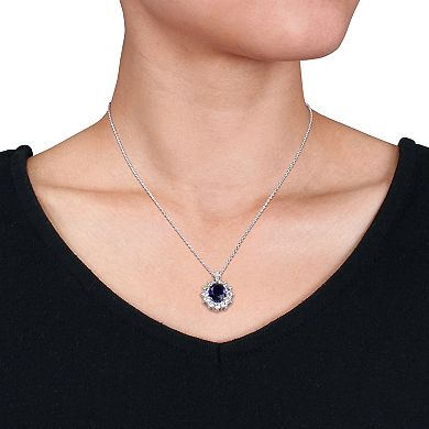 Stella Grace Sterling Silver Lab-Created Sapphire, Lab-Created White Sapphire & Diamond Accent Oval Halo Pendant Necklace
