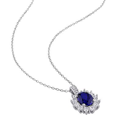 Stella Grace Sterling Silver Lab-Created Sapphire, Lab-Created White Sapphire & Diamond Accent Oval Halo Pendant Necklace