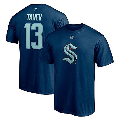 Men's Fanatics Branded Brandon Tanev Deep Sea Blue Seattle Kraken Authentic Stack Name & Number T-Shirt