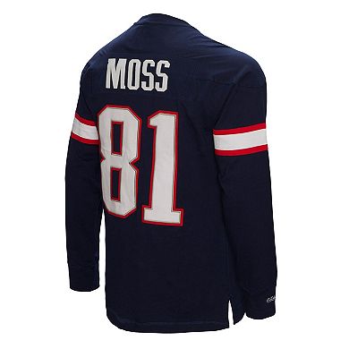 Men's Mitchell & Ness Randy Moss Navy New England Patriots Retired Player Name & Number Long Sleeve Top