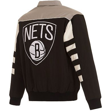Men's JH Design Black Brooklyn Nets Stripe Colorblock Nylon Reversible Full-Snap Jacket