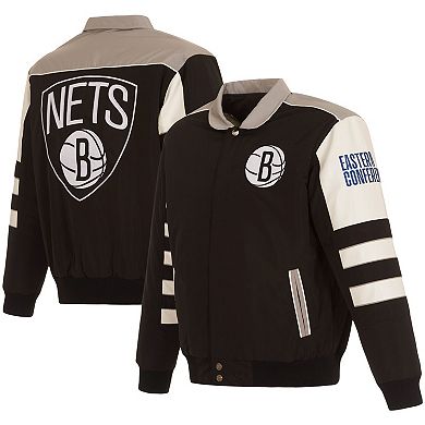 Men's JH Design Black Brooklyn Nets Stripe Colorblock Nylon Reversible Full-Snap Jacket