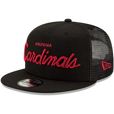 Men's New Era Black Arizona Cardinals Script Trucker 9FIFTY Snapback Hat