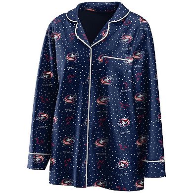 Women's WEAR by Erin Andrews Navy Columbus Blue Jackets Long Sleeve Button-Up Shirt & Pants Sleep Set