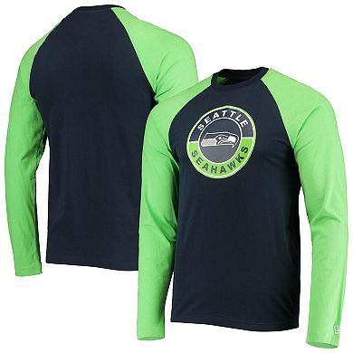 Men's New Era College Navy/Neon Green Seattle Seahawks League Raglan Long Sleeve T-Shirt