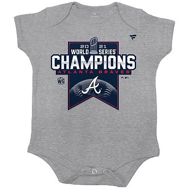 Infant Fanatics Branded Heathered Gray Atlanta Braves 2021 World Series Champions Locker Room Bodysuit