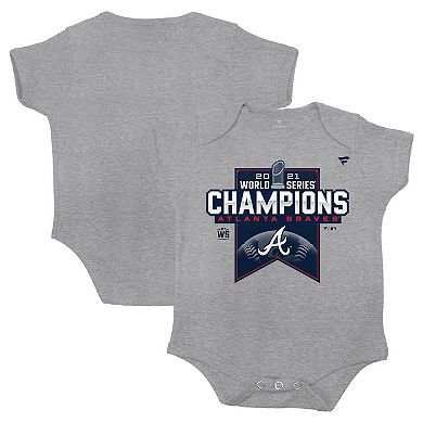 Infant Fanatics Branded Heathered Gray Atlanta Braves 2021 World Series Champions Locker Room Bodysuit