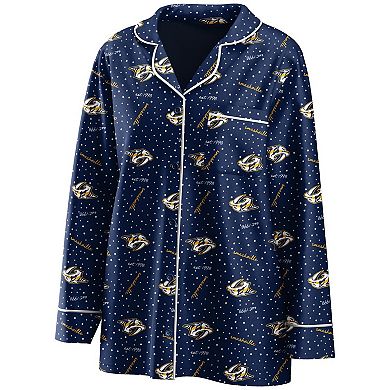 Women's WEAR by Erin Andrews Navy Nashville Predators Long Sleeve Button-Up Shirt & Pants Sleep Set