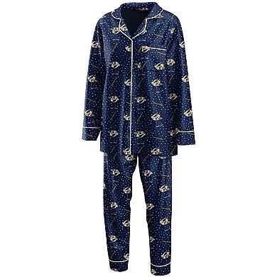 Women's WEAR by Erin Andrews Navy Nashville Predators Long Sleeve Button-Up Shirt & Pants Sleep Set