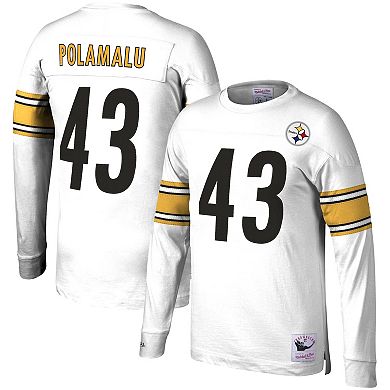 Men's Mitchell & Ness Troy Polamalu White Pittsburgh Steelers Retired Player Name & Number Long Sleeve Top