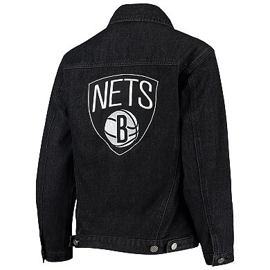 Women's The Wild Collective Black Brooklyn Nets Patch Denim Button-Up Jacket