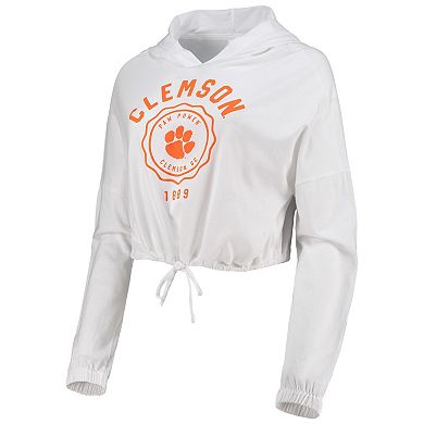 Women's White Clemson Tigers Poppy Cinched Cropped Hoodie Long Sleeve T-Shirt