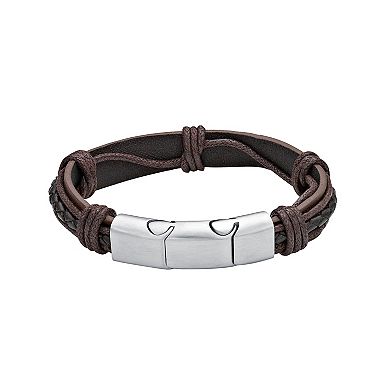 LYNX Men's Stainless Steel Brown Leather Bracelet