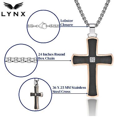 LYNX Men's Two Tone Stainless Steel Cubic Zirconia Cross Pendant Necklace