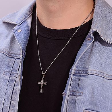 LYNX Men's Black Ion-Plated Hammered Stainless Steel Cross Pendant Necklace