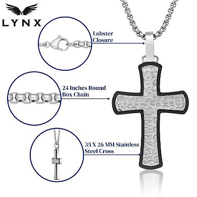 LYNX Men's Black Ion-Plated Hammered Stainless Steel Cross Pendant Necklace
