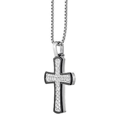 LYNX Men's Black Ion-Plated Hammered Stainless Steel Cross Pendant Necklace