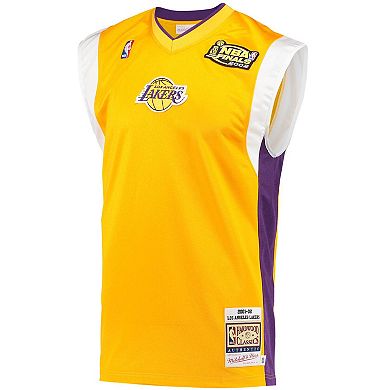 Men's Mitchell & Ness Gold Los Angeles Lakers 2002 NBA Finals Hardwood Classics On-Court Authentic Sleeveless Shooting Shirt