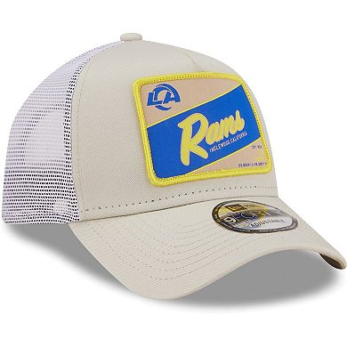 Men's New Era Khaki/White Los Angeles Rams Happy Camper A-Frame Trucker 9FORTY Snapback Hat
