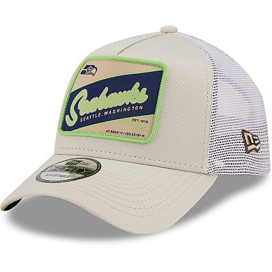 Men's New Era Khaki/White Seattle Seahawks Happy Camper A-Frame Trucker 9FORTY Snapback Hat