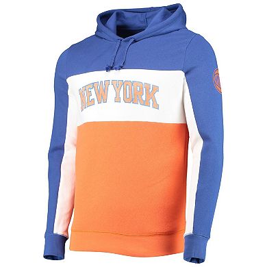 Men's Junk Food Blue/White New York Knicks Wordmark Colorblock Fleece Pullover Hoodie